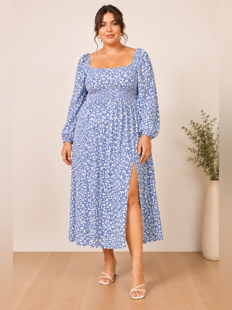 Reformation Blue Floral Smocked Back Midi Dress Long Sleeve Size Xl 16 Approx